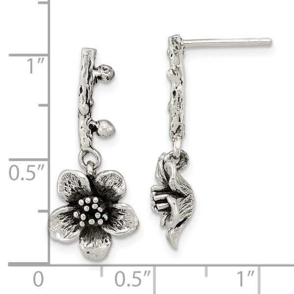 Sterling Silver Oxidized Flower w/Branch Dangle Post Earrings - Image 3