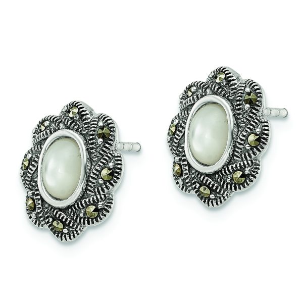 Sterling Silver Antiqued Marcasite & MOP Post Earrings - Image 2