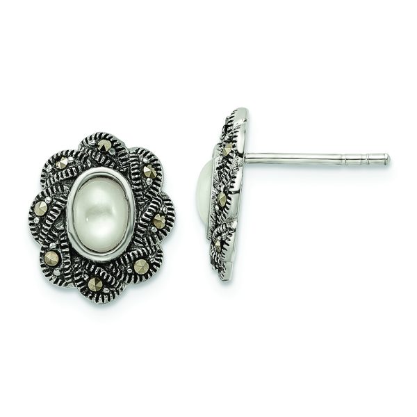 Sterling Silver Antiqued Marcasite & MOP Post Earrings