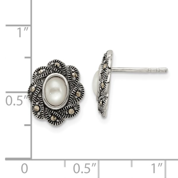 Sterling Silver Antiqued Marcasite & MOP Post Earrings - Image 3