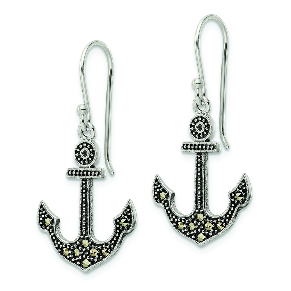 Sterling Silver Antiqued Marcasite Anchor Shepherd Hook Earrings - Image 2