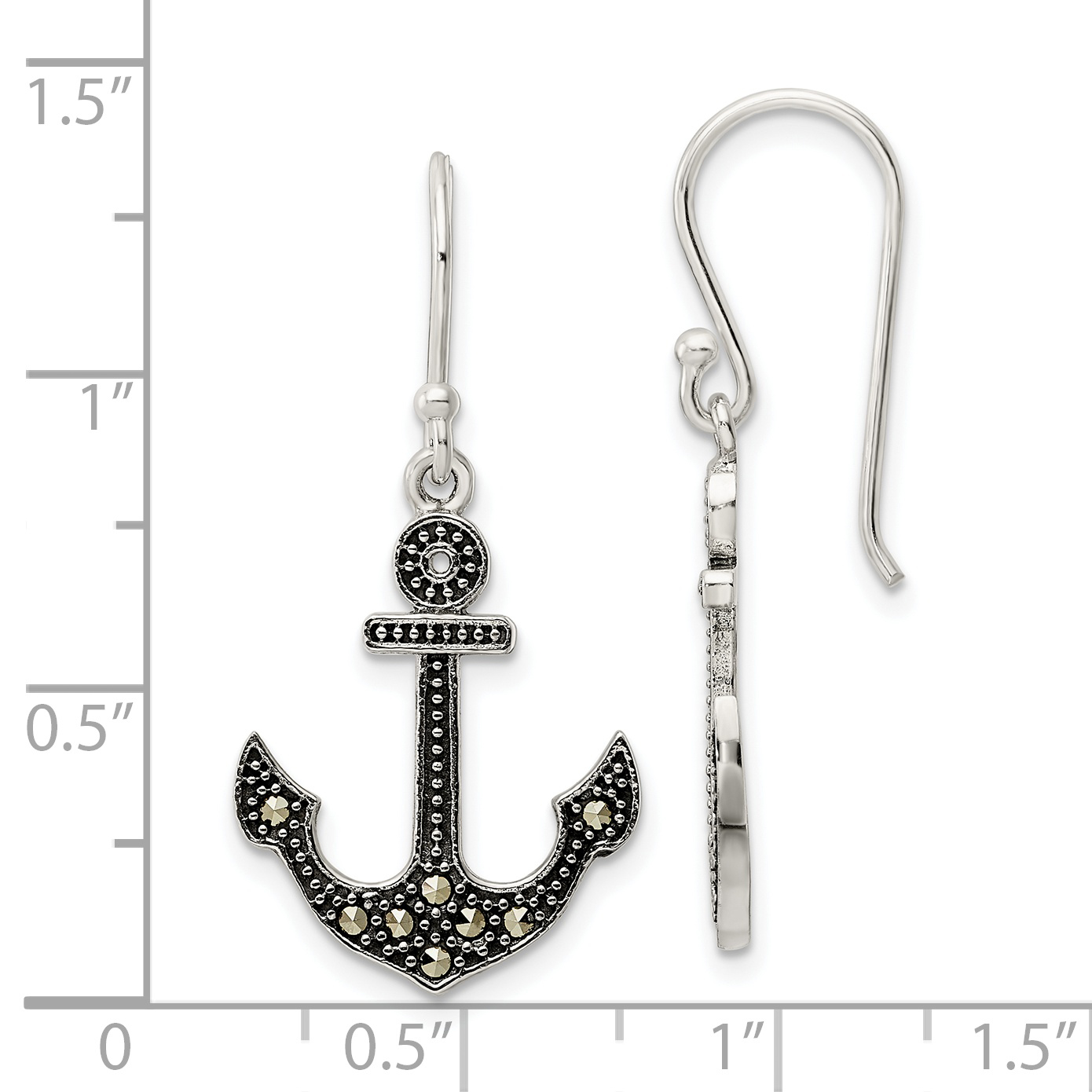 Sterling Silver Antiqued Marcasite Anchor Shepherd Hook Earrings - Image 3