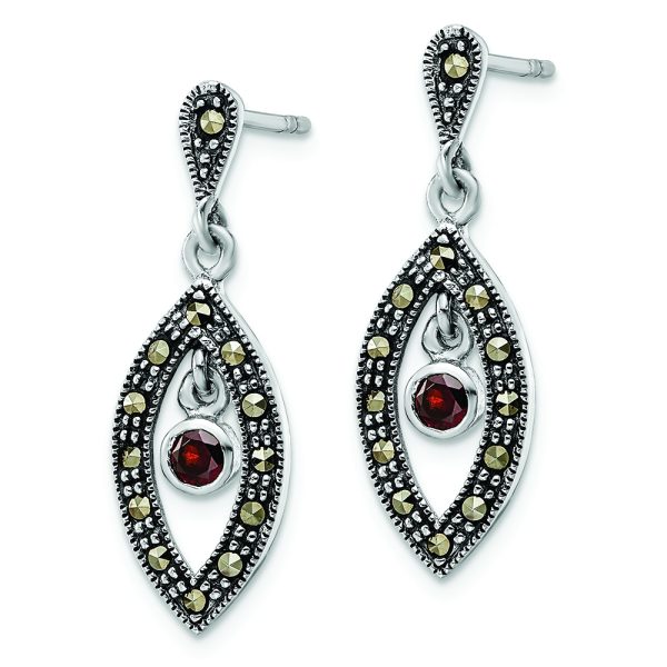 Sterling Silver Antiqued Marcasite & Red Glass Stone Post Dangle Earrings - Image 2