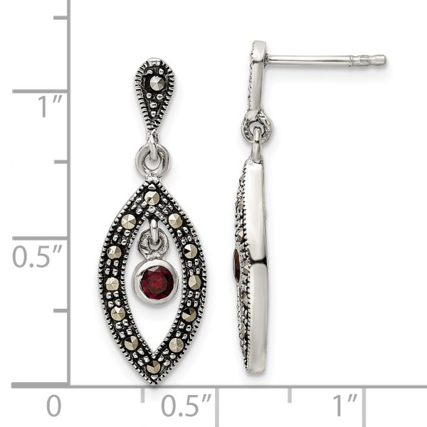 Sterling Silver Antiqued Marcasite & Red Glass Stone Post Dangle Earrings - Image 3