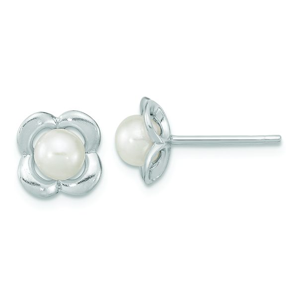 Sterling Silver RH-plated Polished FWC Pearl Flower Post Earrings