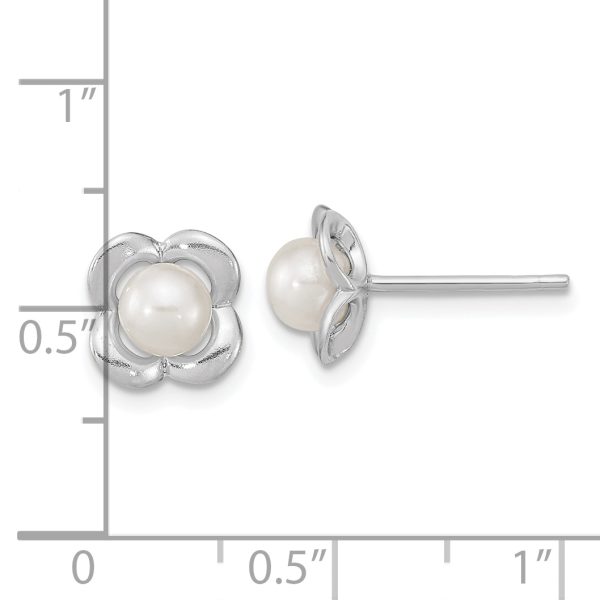 Sterling Silver RH-plated Polished FWC Pearl Flower Post Earrings - Image 3