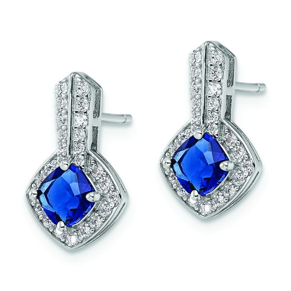 Sterling Silver Rhodium-plated CZ and Blue Glass Post Earrings - Image 2