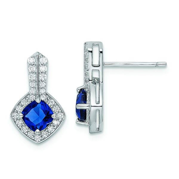 Sterling Silver Rhodium-plated CZ and Blue Glass Post Earrings