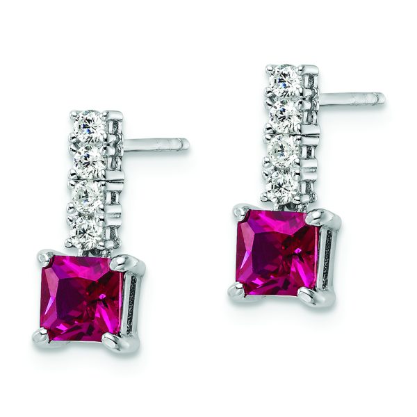 Sterling Silver Rhodium-plated Created Ruby and CZ Post Dangle Earrings - Image 2