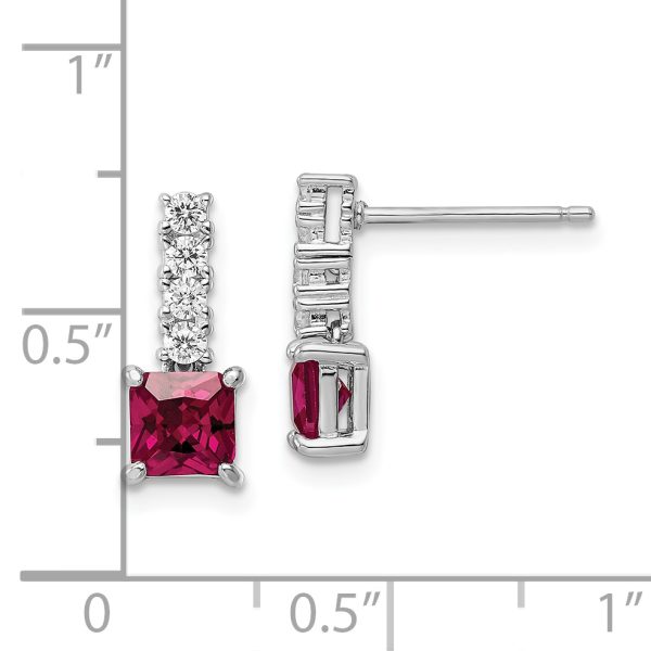 Sterling Silver Rhodium-plated Created Ruby and CZ Post Dangle Earrings - Image 3