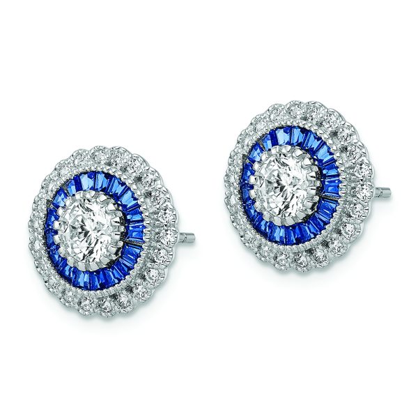 Sterling Silver Rhodium-plated Polished Blue & White CZ Round Post Earrings - Image 2