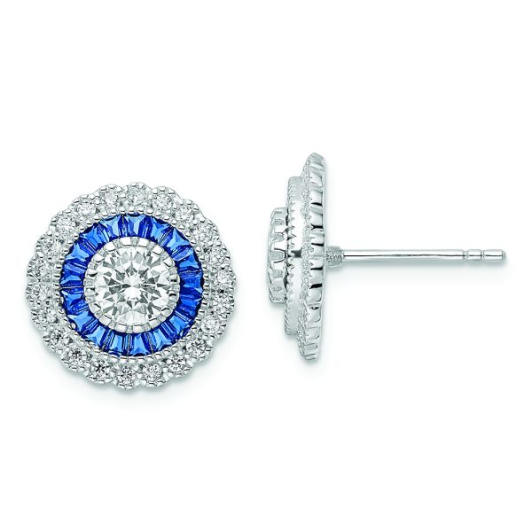 Sterling Silver Rhodium-plated Polished Blue & White CZ Round Post Earrings