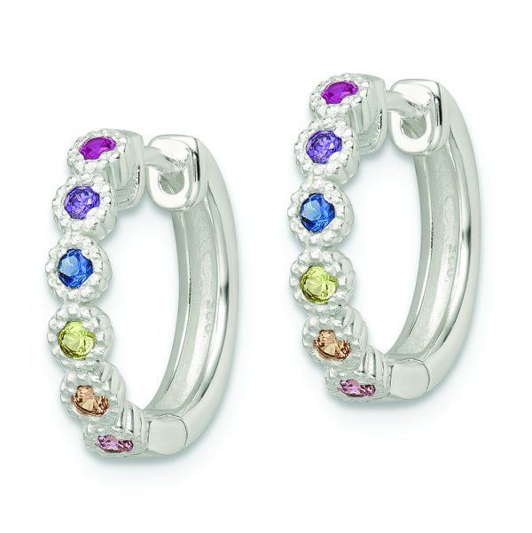 Sterling Silver Polished Multicolor CZ Round Hinged Hoop Earrings - Image 2
