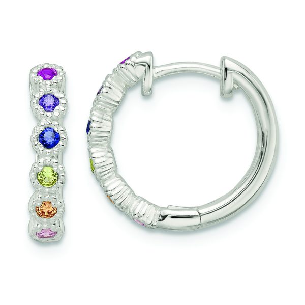 Sterling Silver Polished Multicolor CZ Round Hinged Hoop Earrings