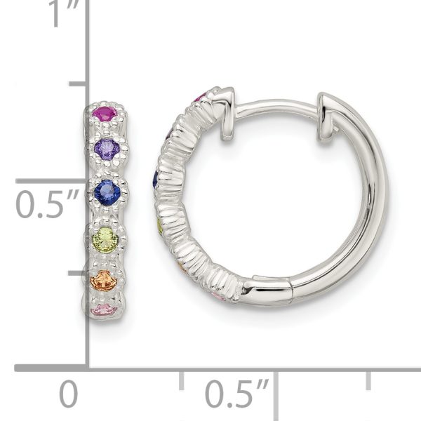 Sterling Silver Polished Multicolor CZ Round Hinged Hoop Earrings - Image 3
