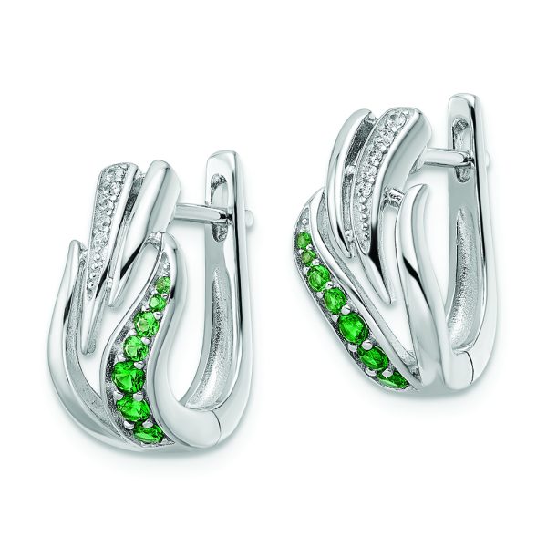 Sterling Silver Rhodium-plated Green & White CZ Hinged Hoop Earrings - Image 2