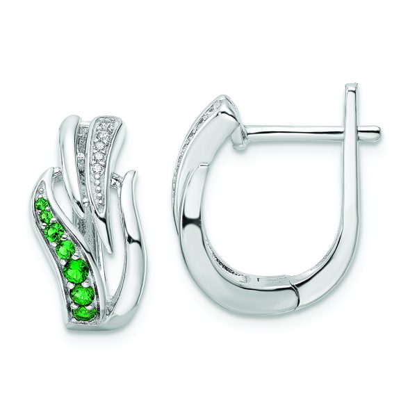 Sterling Silver Rhodium-plated Green & White CZ Hinged Hoop Earrings