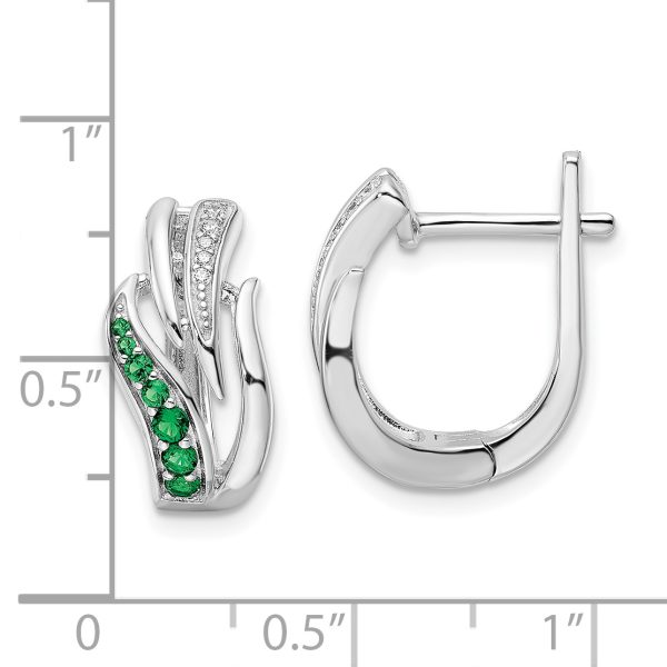 Sterling Silver Rhodium-plated Green & White CZ Hinged Hoop Earrings - Image 3