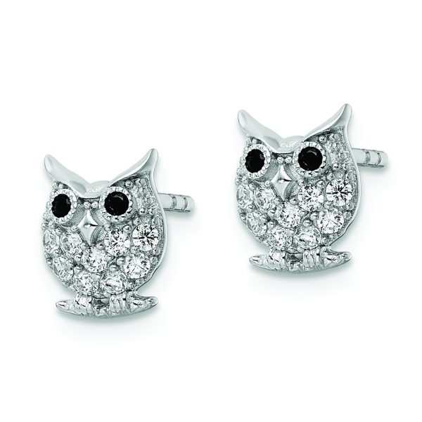 Sterling Silver Rhodium-plated Black & White CZ Owl Post Earrings - Image 2