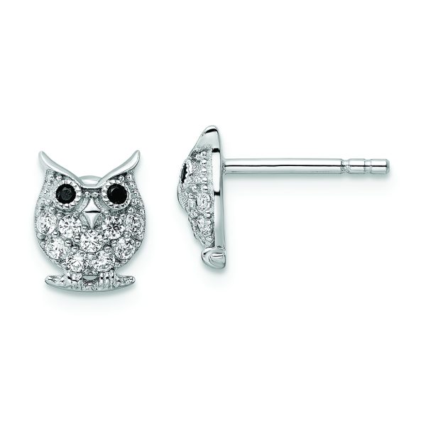 Sterling Silver Rhodium-plated Black & White CZ Owl Post Earrings