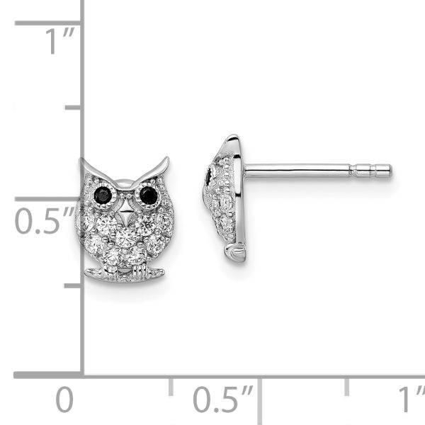 Sterling Silver Rhodium-plated Black & White CZ Owl Post Earrings - Image 3