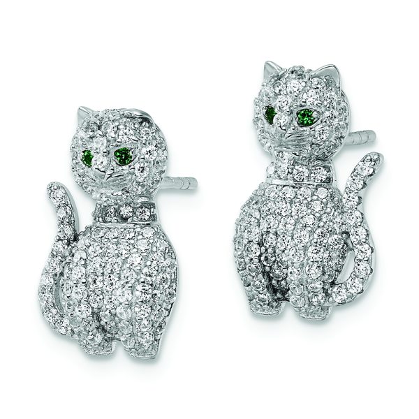 Sterling Silver Rhodium-plated Polished Green & White CZ Cat Post Earrings - Image 2