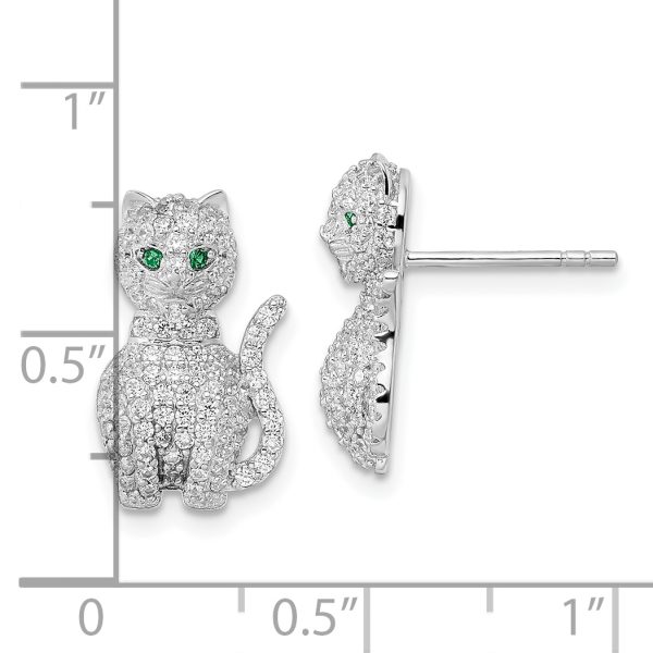 Sterling Silver Rhodium-plated Polished Green & White CZ Cat Post Earrings - Image 3