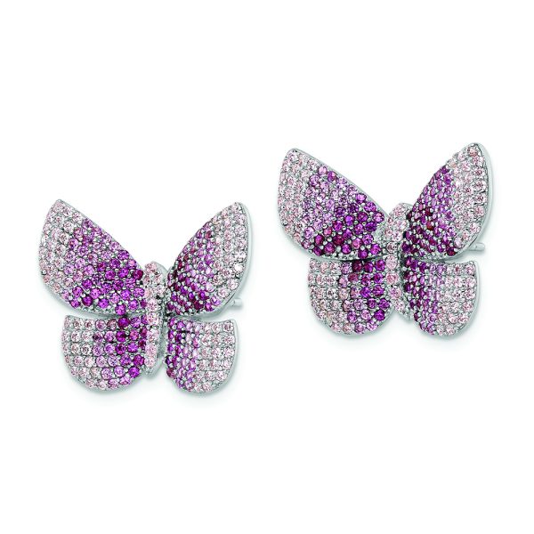 Sterling Silver Rhodium-plated Polished Pink CZ Butterfly Post Earrings - Image 2