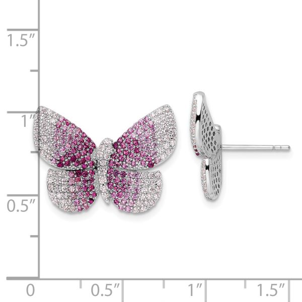 Sterling Silver Rhodium-plated Polished Pink CZ Butterfly Post Earrings - Image 3