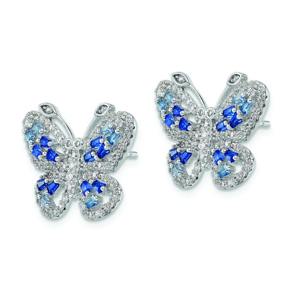 Sterling Silver RH-plated Polished Blue & Clear CZ Butterfly Post Earrings - Image 2