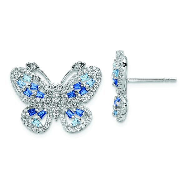 Sterling Silver RH-plated Polished Blue & Clear CZ Butterfly Post Earrings