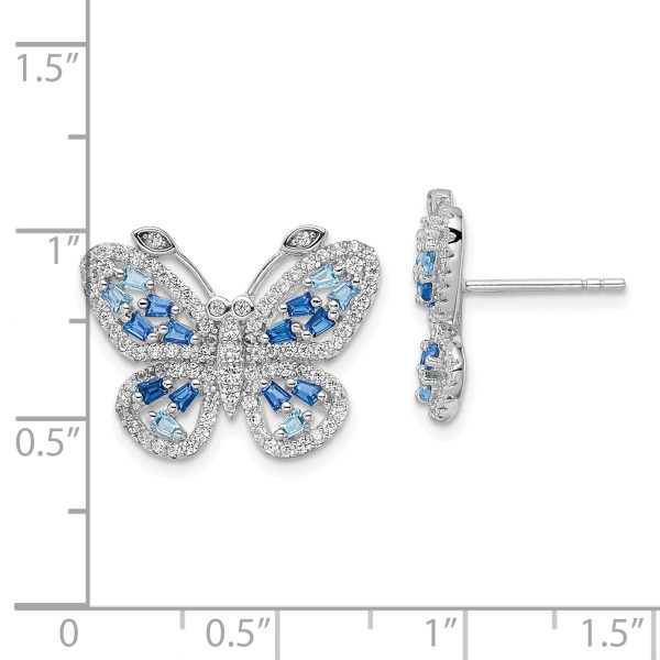 Sterling Silver RH-plated Polished Blue & Clear CZ Butterfly Post Earrings - Image 3