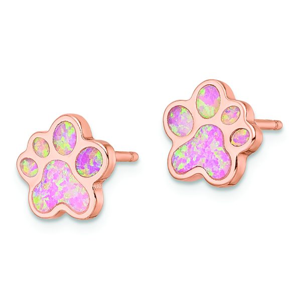 Sterling Silver Rose-tone Created Opal Inlay Pawprint Post Earrings - Image 2