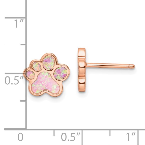 Sterling Silver Rose-tone Created Opal Inlay Pawprint Post Earrings - Image 3