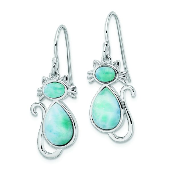 Sterling Silver Rhodium-plated Polished Larimar Cat Dangle Earrings - Image 2