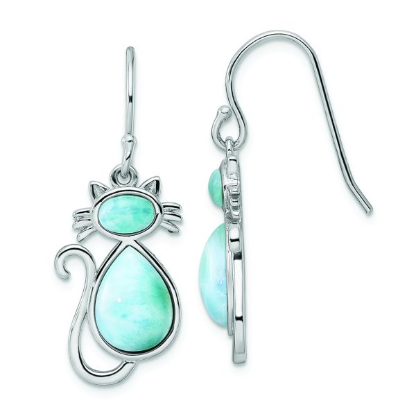 Sterling Silver Rhodium-plated Polished Larimar Cat Dangle Earrings