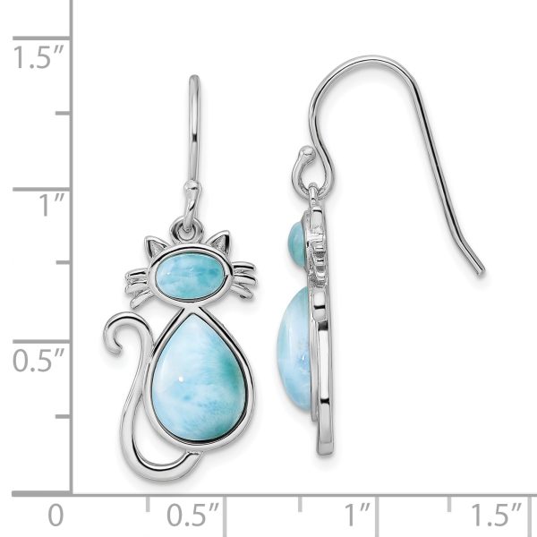 Sterling Silver Rhodium-plated Polished Larimar Cat Dangle Earrings - Image 3