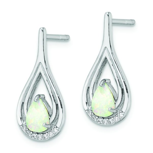 Sterling Silver RH-plated Pear Shape White Created Opal CZ Post Earrings - Image 2