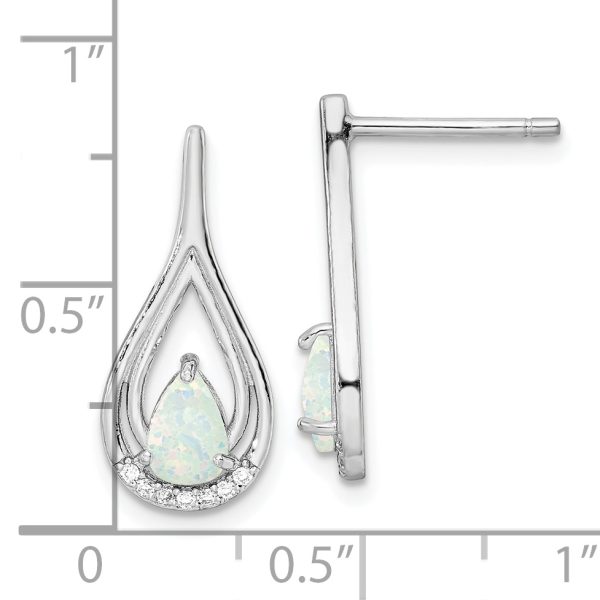 Sterling Silver RH-plated Pear Shape White Created Opal CZ Post Earrings - Image 3