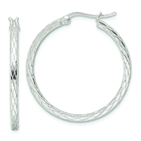 Sterling Silver Rhodium-plated Diamond Pattern Hoop Earrings