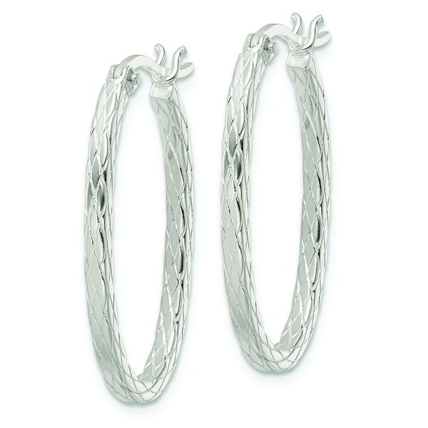 Sterling Silver Diamond Pattern Oval Hoop Earrings - Image 2