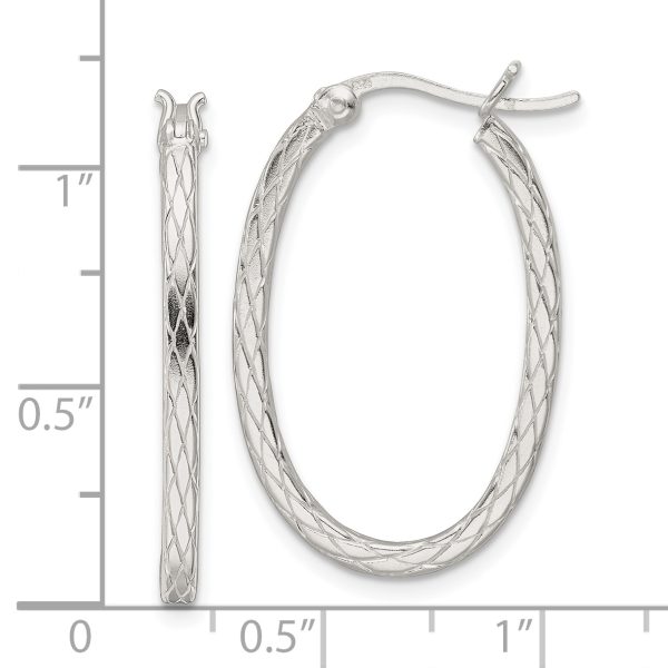 Sterling Silver Diamond Pattern Oval Hoop Earrings - Image 3