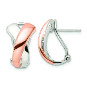 Sterling Silver & Rose-tone Polished X Omega Back J-Hoop Earrings