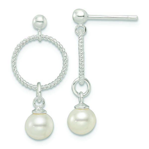 Sterling Silver Polished Glass Pearl Dangle Post Earrings