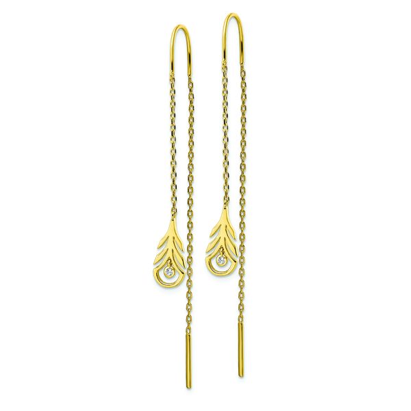 Sterling Silver Gold-tone Polished CZ Feather Threader Earrings - Image 2