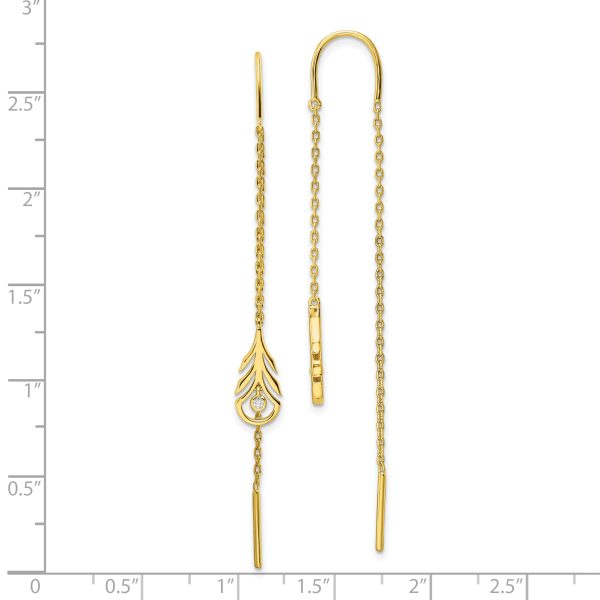 Sterling Silver Gold-tone Polished CZ Feather Threader Earrings - Image 3