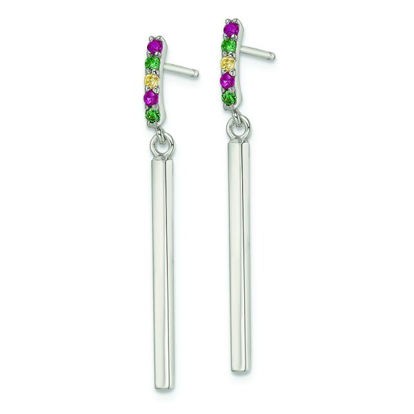 Sterling Silver Red/Green/Yellow CZ Dangle Bar Post Earrings - Image 2