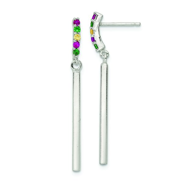 Sterling Silver Red/Green/Yellow CZ Dangle Bar Post Earrings