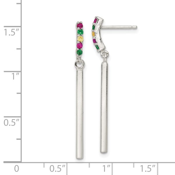 Sterling Silver Red/Green/Yellow CZ Dangle Bar Post Earrings - Image 3