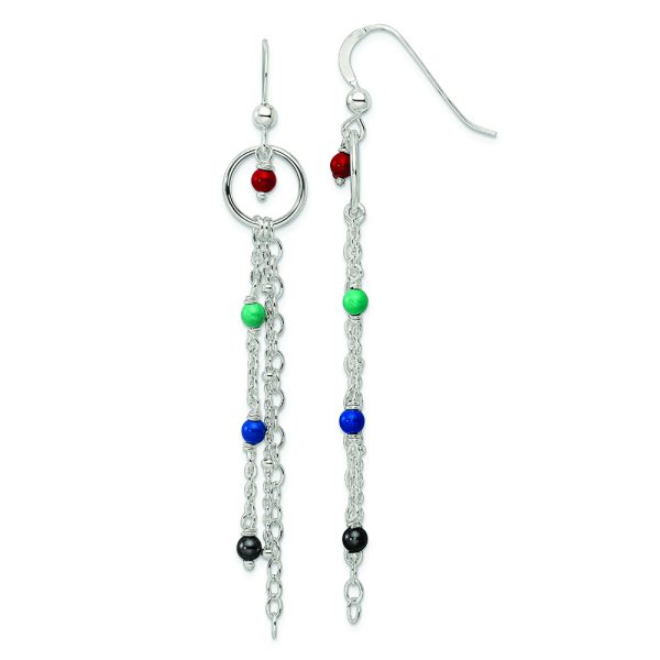 Sterling Silver Polished Multicolor Glass Beads & Chain Dangle Earrings